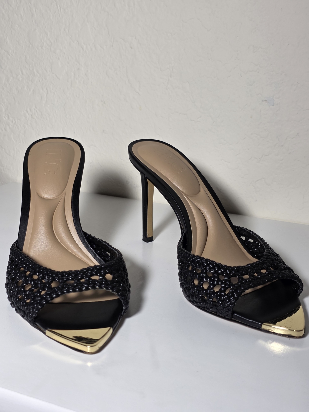 INC International Concepts Black Woven Open-Toe Heels with Gold Cap Size 6.5